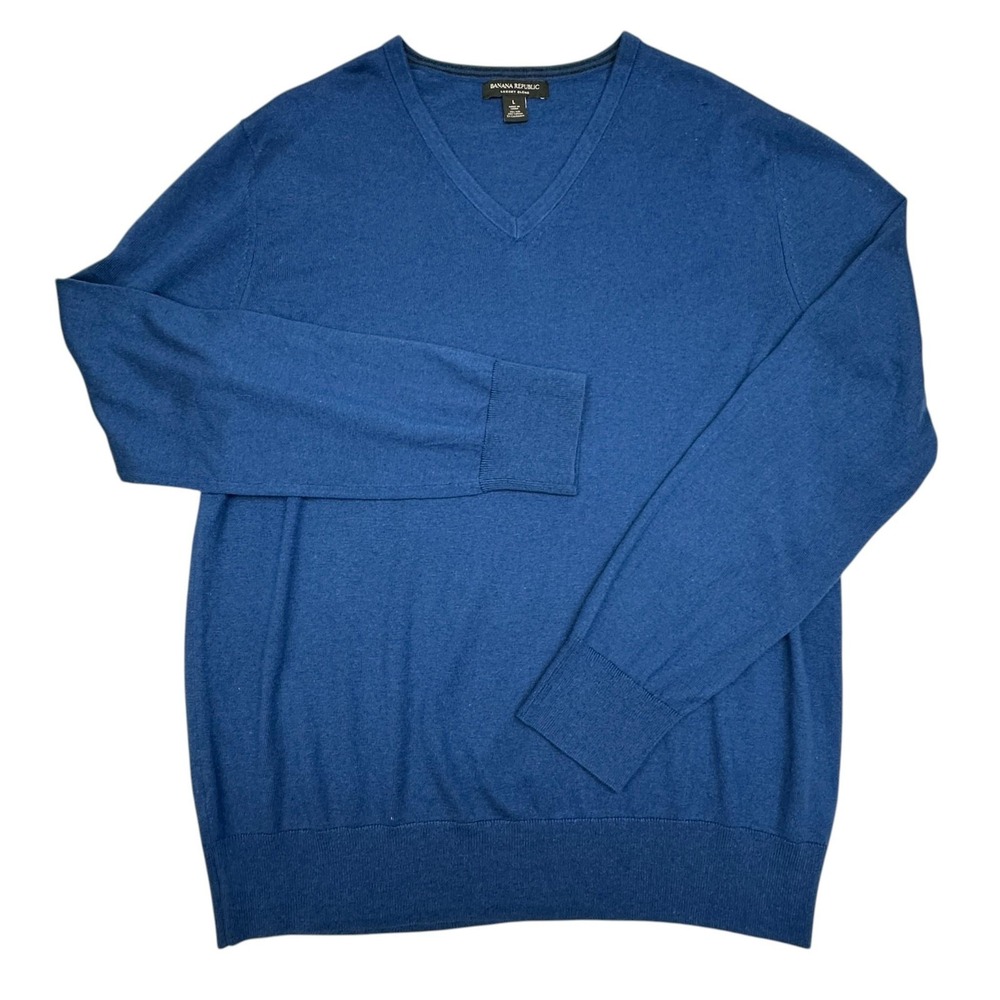 Banana Republic Sweater Mens Large Blue Silk Cotton Cashmere V Neck Pullover